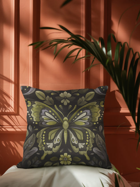 A square decorative pillow featuring an intricately detailed butterfly design in olive green, sage, and cream colors against a black background. The butterfly is surrounded by botanical elements with symmetrical floral patterns.